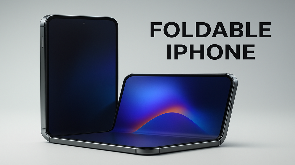 Concept image of the upcoming foldable iPhone with eSIM-only design and modern book-style display.