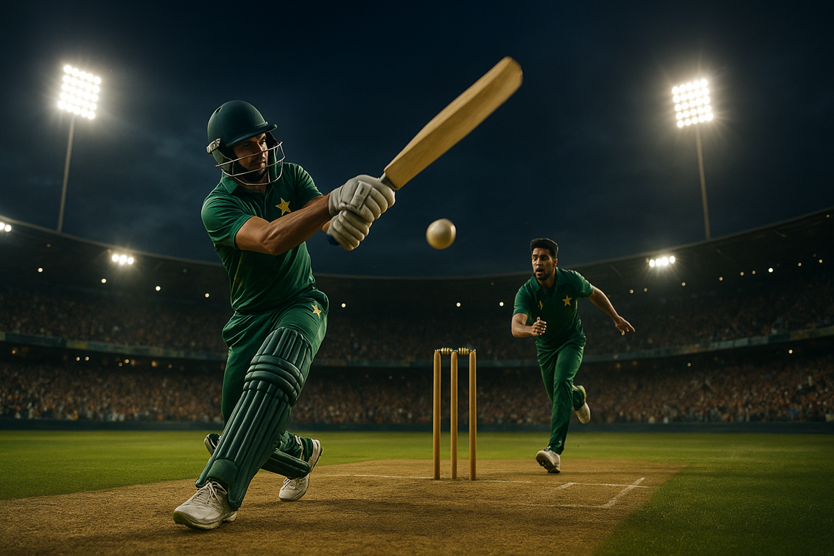 Pakistani cricketers in Big Bash League showing intense batting and bowling action under stadium lights