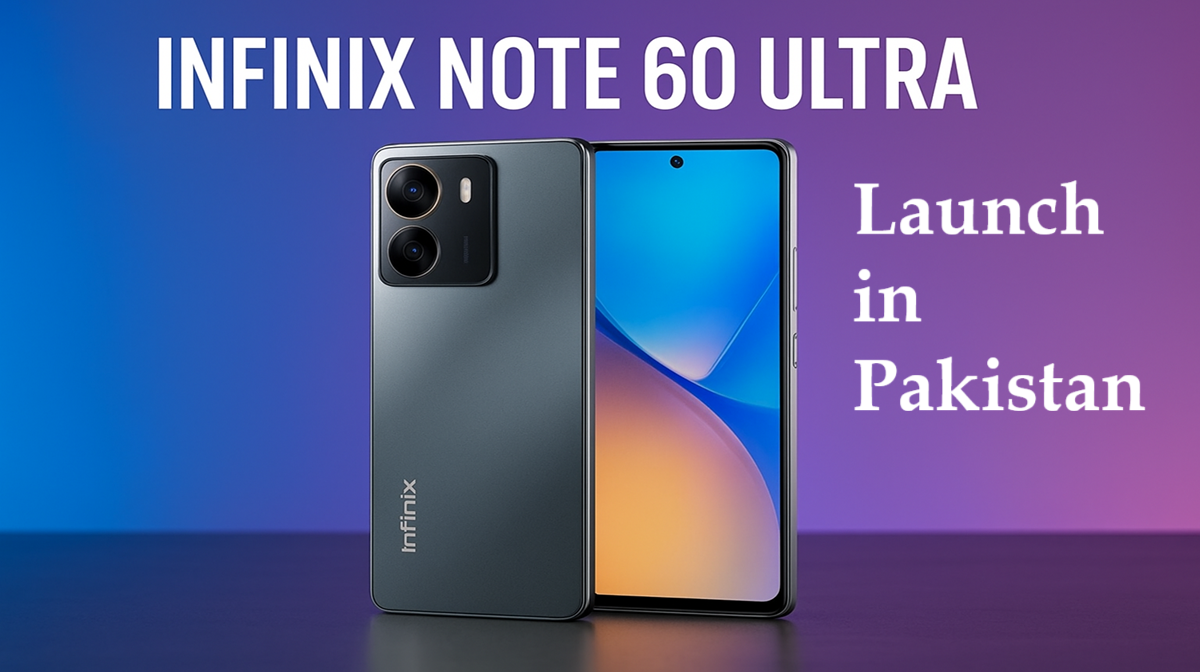Infinix Note 60 Ultra placed on a table with gradient lighting, showing its modern camera module and premium design.