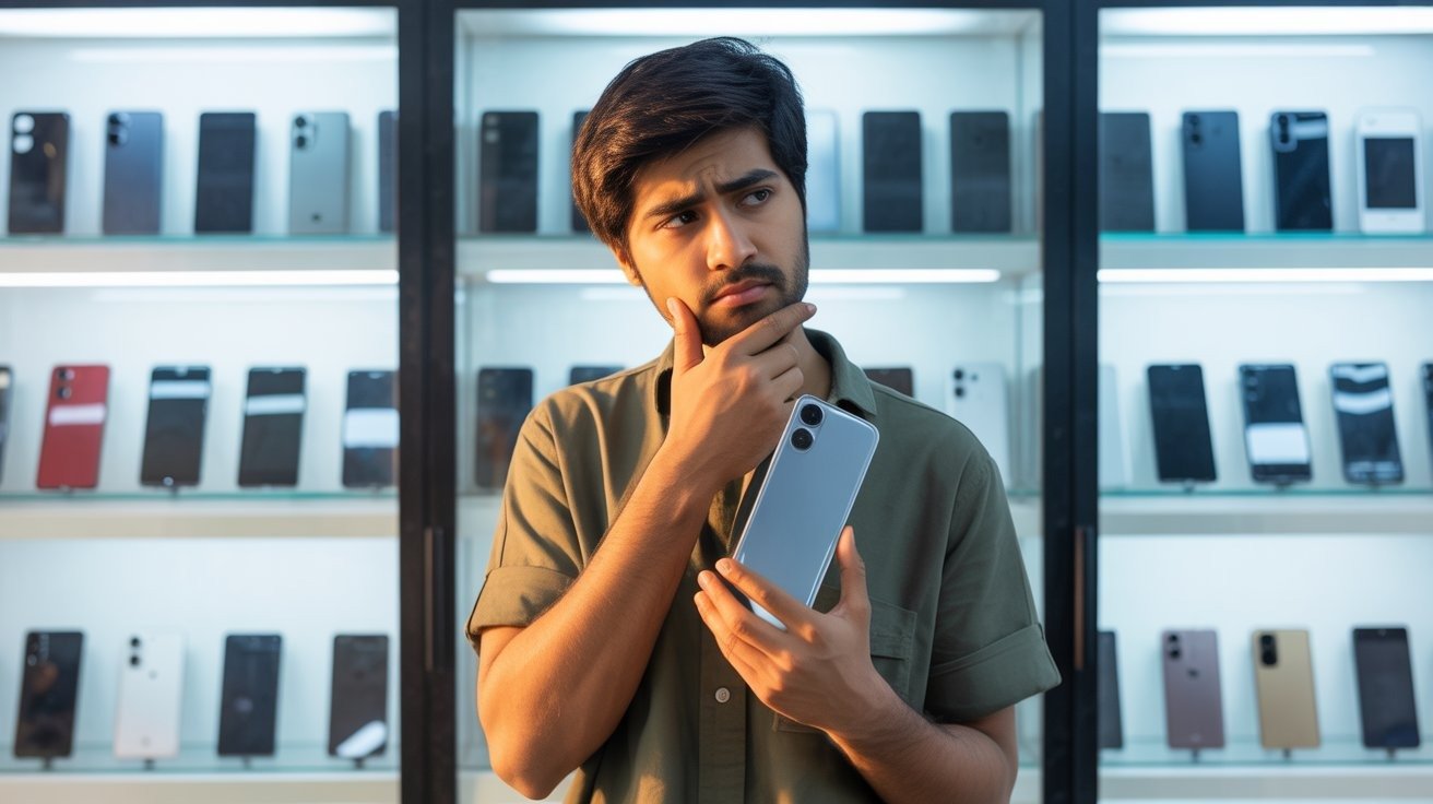 Pakistani smartphone buyer examining mobile phone options inside a retail shop in 2026