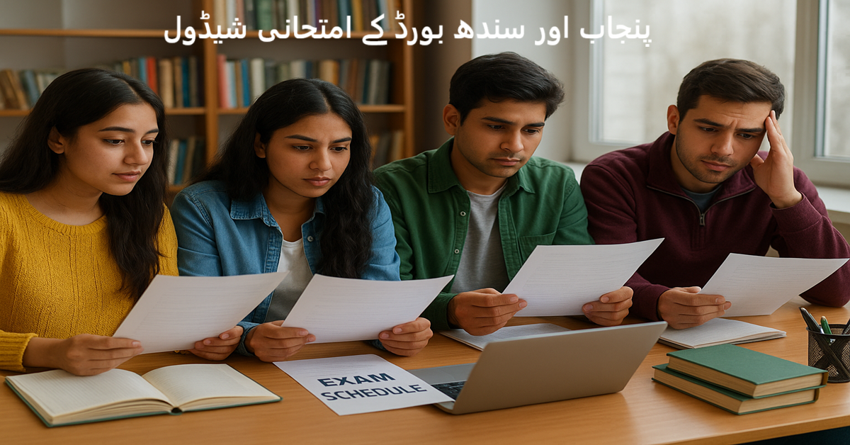 Students checking Punjab and Sindh board exam schedule 2026 with books and notes