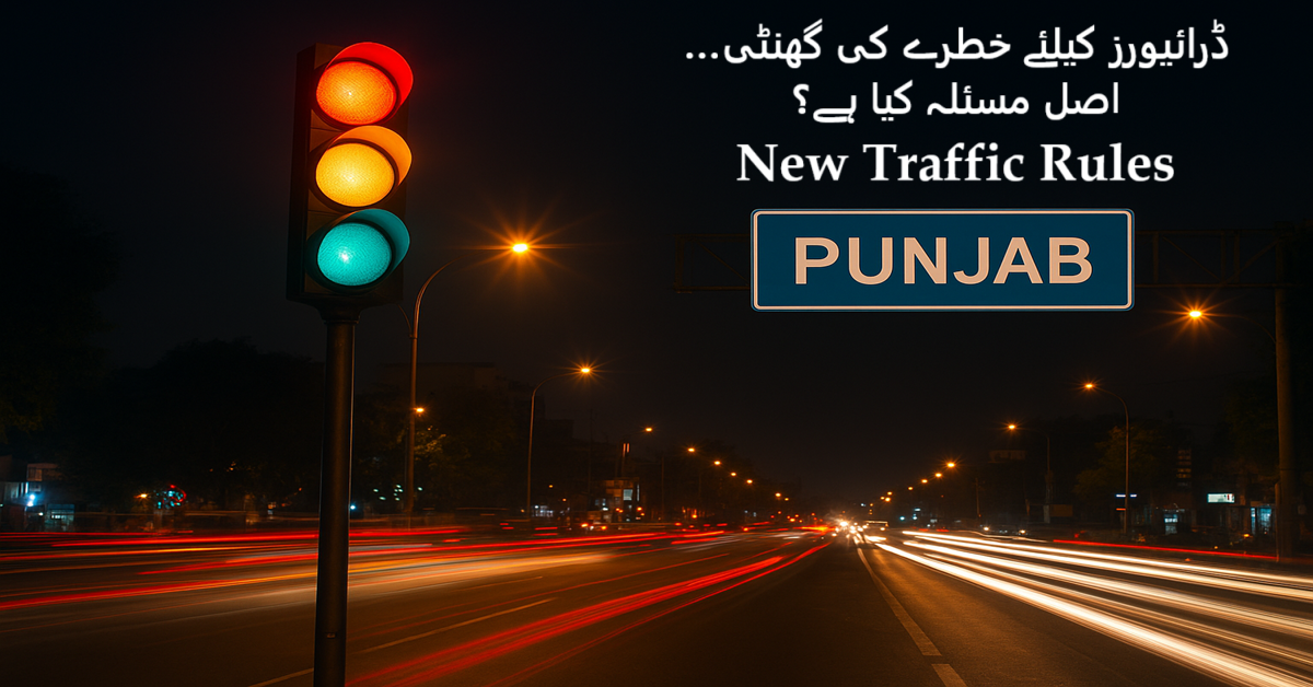 Punjab traffic signal night view under new digital traffic law 2025