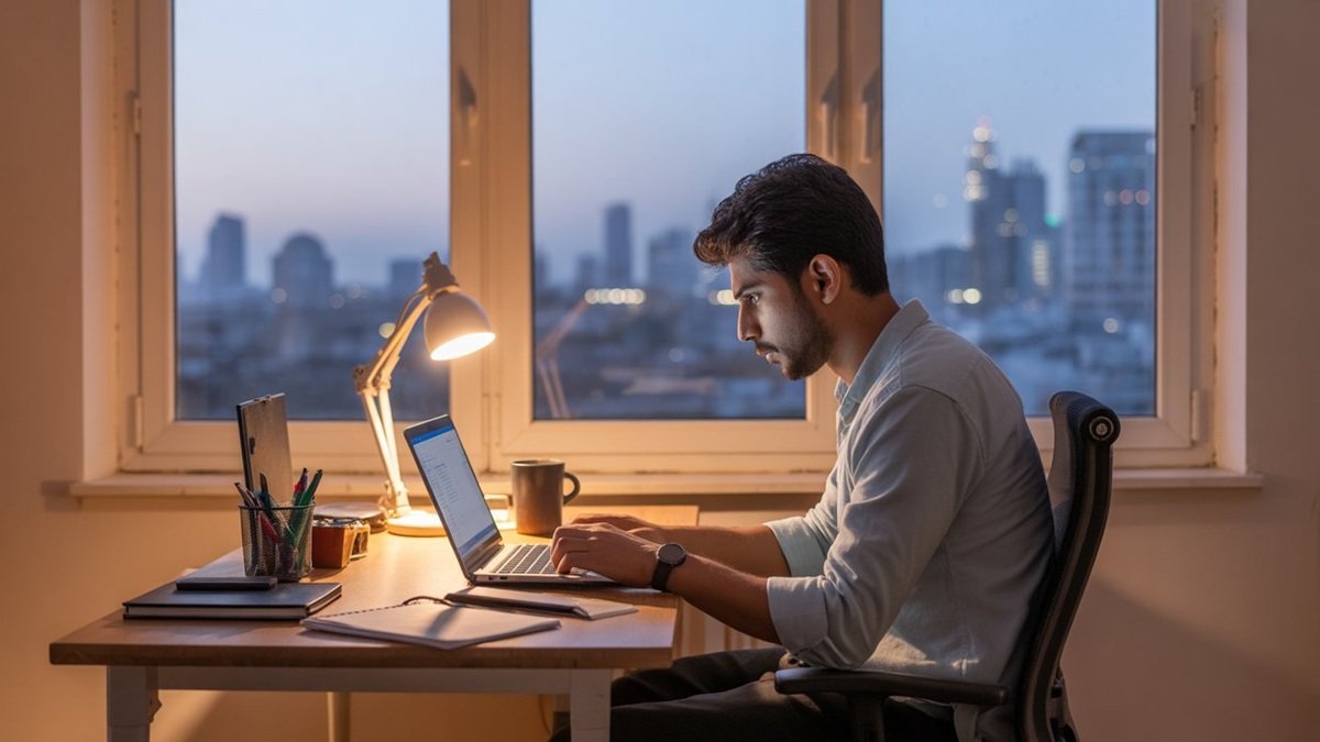 Pakistani freelancer working remotely as mobile network towers symbolize upcoming 5G connectivity.