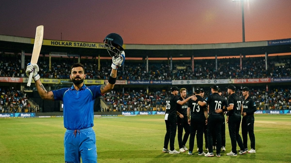 Cricket stadium with players celebrating
