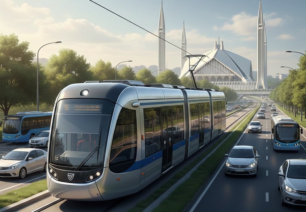 Modern electric tram system in urban setting