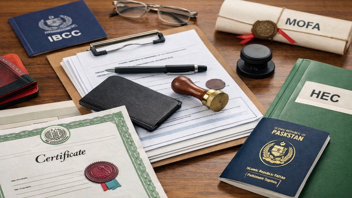 Certificate attestation process in Pakistan 2026 showing FBISE verification, IBCC attestation, HEC degree attestation and MOFA apostille steps
