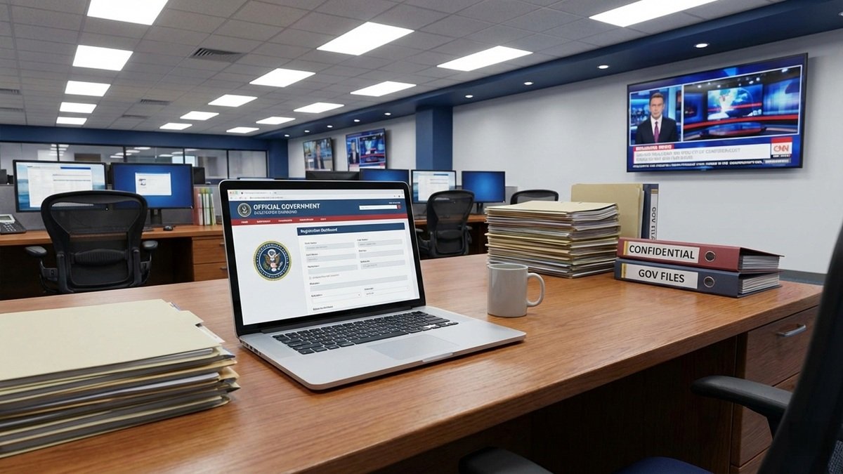 A computer screen displaying Punjab’s eBiz business registration portal interface in an office setting.