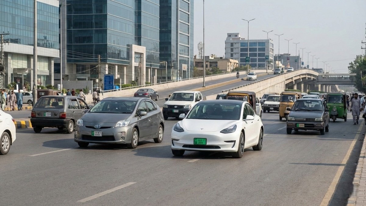 Electric, petrol, and hybrid cars on urban roads in Pakistan highlighting real-world driving conditions