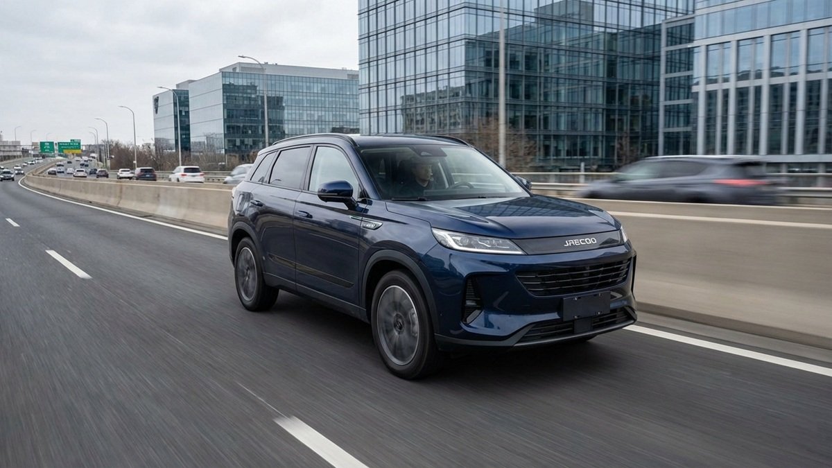A Jaecoo J5 hybrid compact SUV displayed on a highway, representing its launch in the Pakistani automotive market.
