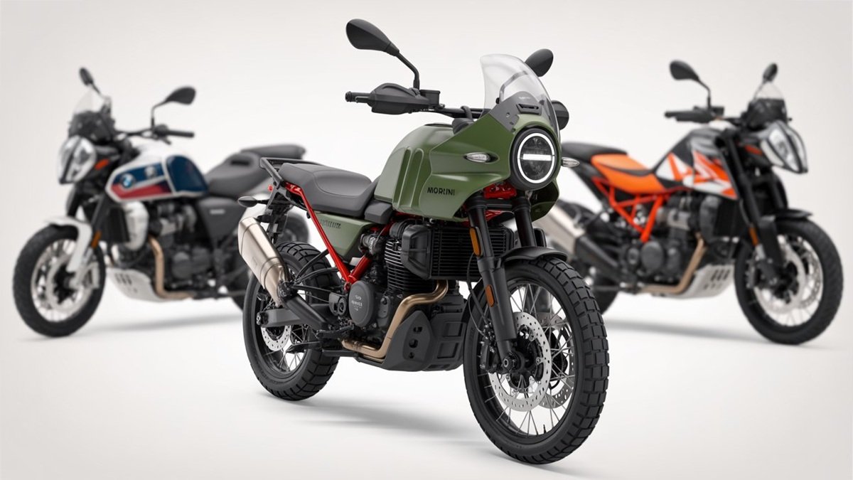 Adventure motorcycle on scenic mountain road