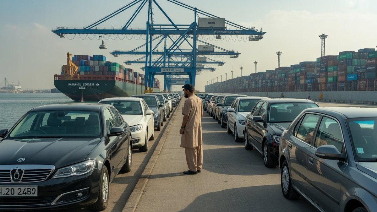 Imported used cars undergoing customs inspection at a Pakistani port under the 2026 vehicle import policy.