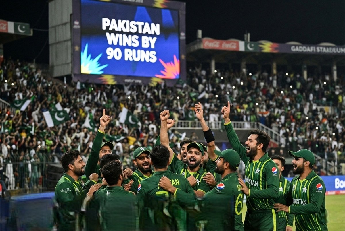 Pakistan players celebrate after defeating Australia by 90 runs in the 2nd T20 match at Gaddafi Stadium Lahore