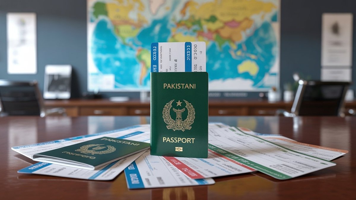 Pakistani passport placed beside international departure boards showing global travel destinations.