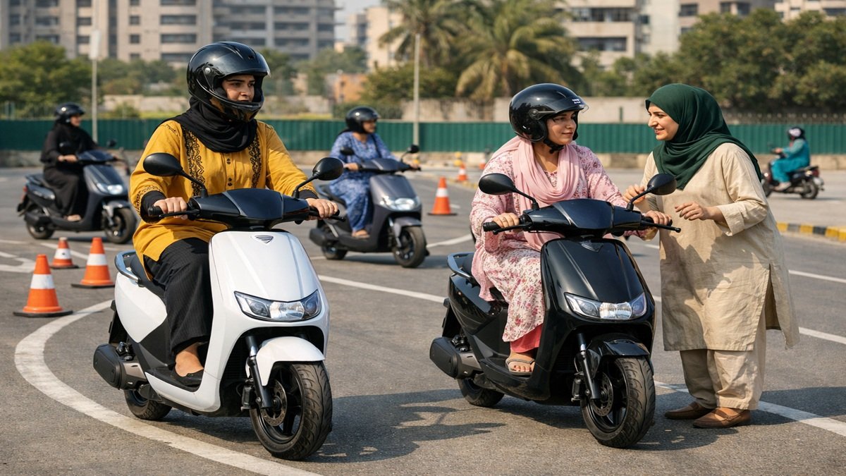 Pakistani women learning and riding electric scooters during a bike training program in Karachi