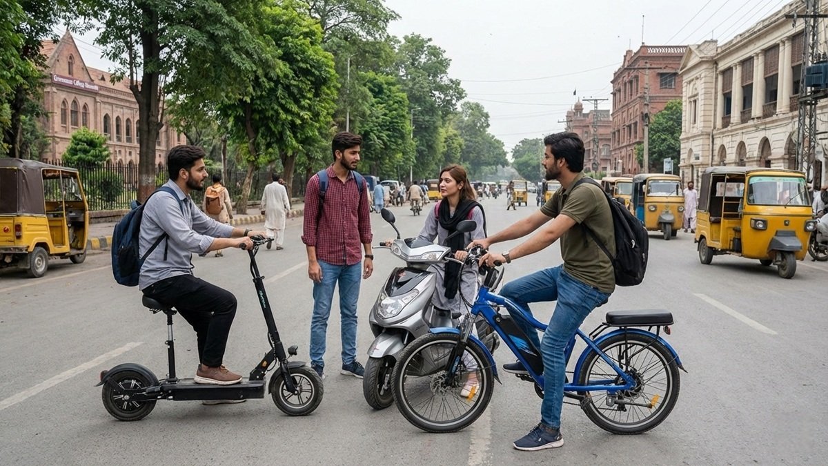 Students reviewing Punjab Electric Bike Scheme 2026 online registration and eligibility details while standing with electric bikes on a city road.