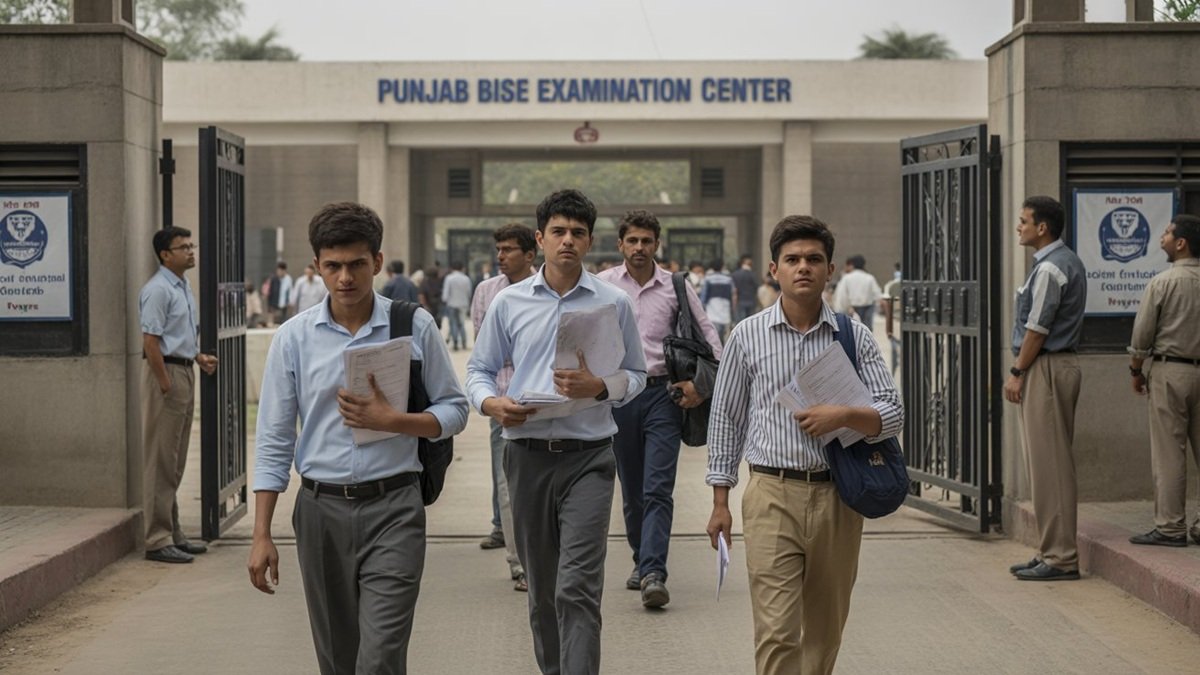 Students outside a Punjab examination center preparing for intermediate board exams in 2026.
