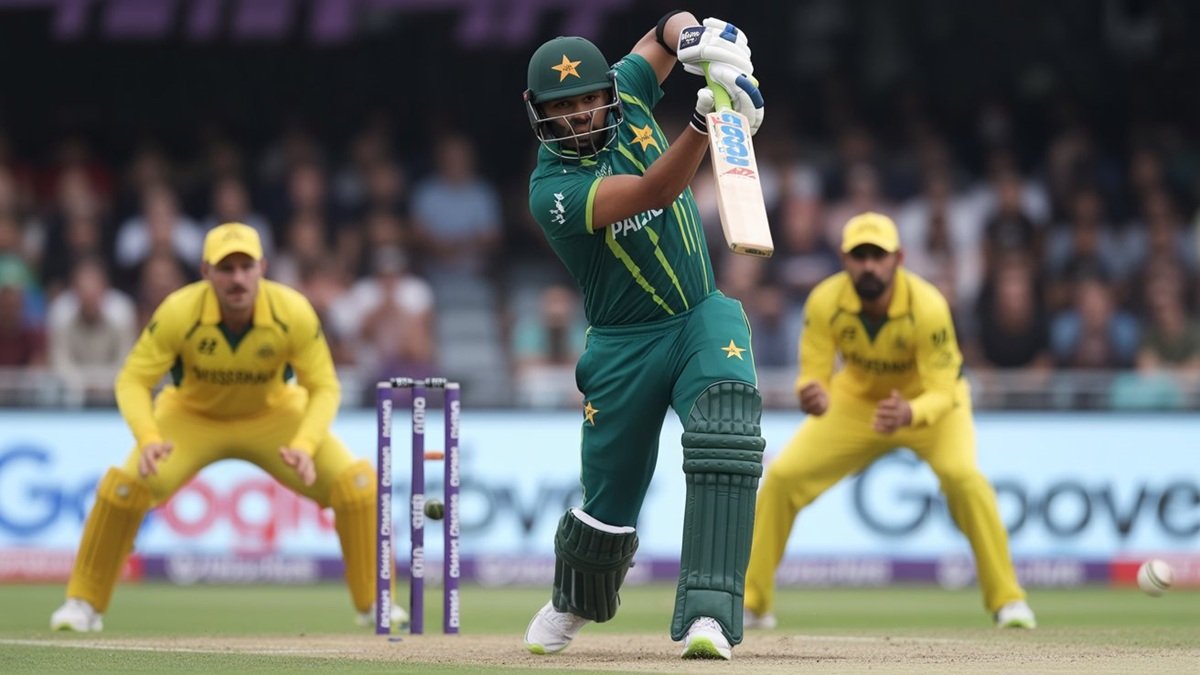 Cricket stadium with floodlights during evening match