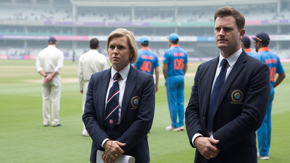 Cricket stadium with players celebrating during an international match