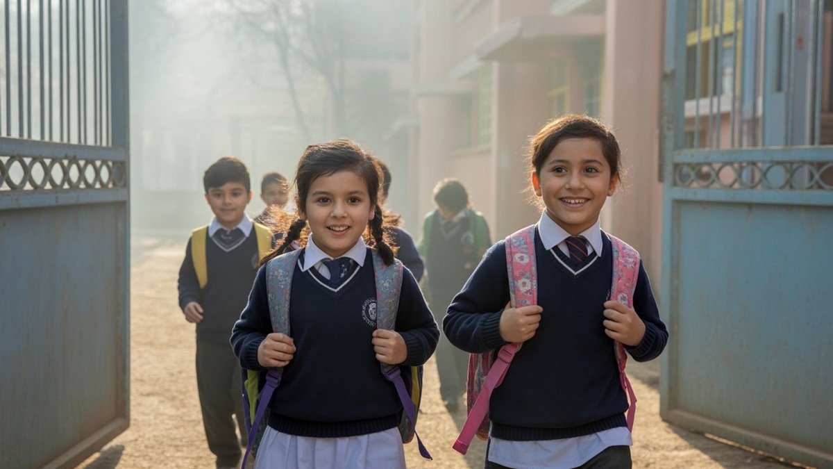 Students wearing winter uniforms outside a school in Punjab after winter vacation extension notification