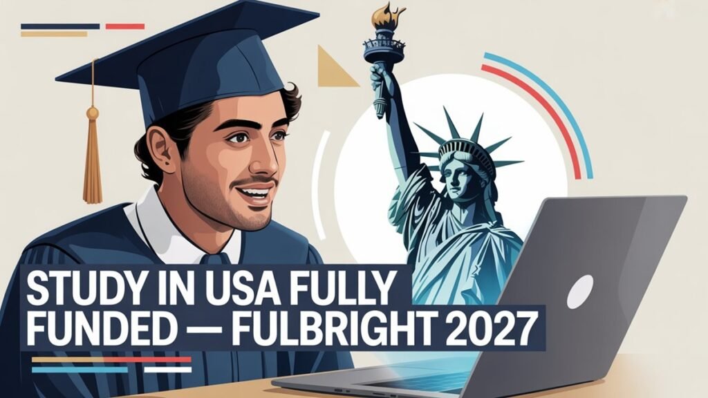 Pakistani student holding Fulbright scholarship documents with US flag background representing Fulbright Scholarship 2027 deadline and eligibility
