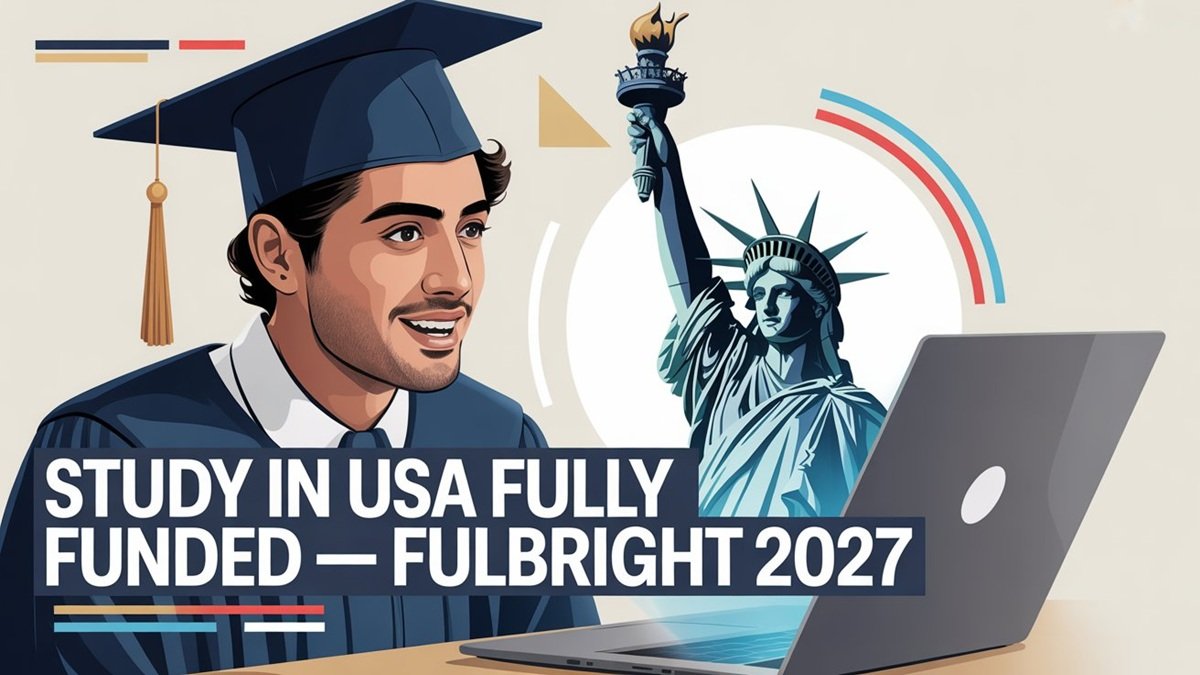 Pakistani student holding Fulbright scholarship documents with US flag background representing Fulbright Scholarship 2027 deadline and eligibility