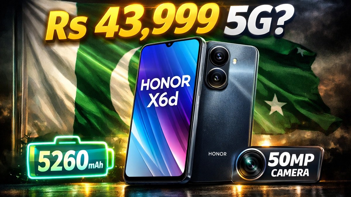 Honor X6d smartphone showing price in Pakistan with specs highlights including 5G, 50MP camera and 5260mAh battery