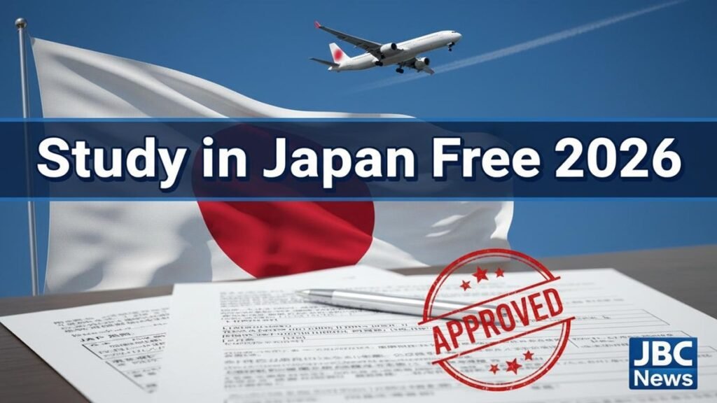 Pakistani student holding scholarship documents with Japan flag background representing Japan fully funded scholarship 2026 MEXT and ADB programs