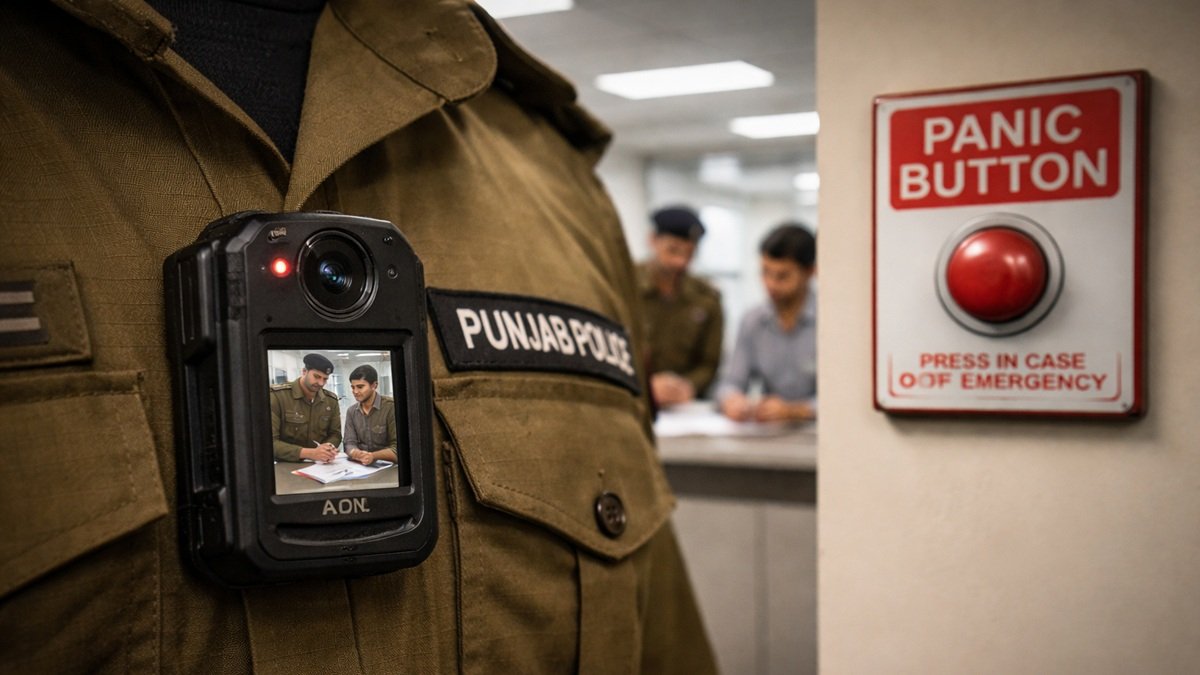 Maryam Ka Insaf police reform initiative in Punjab showing body cameras, Safe Cities monitoring, and citizen complaint system