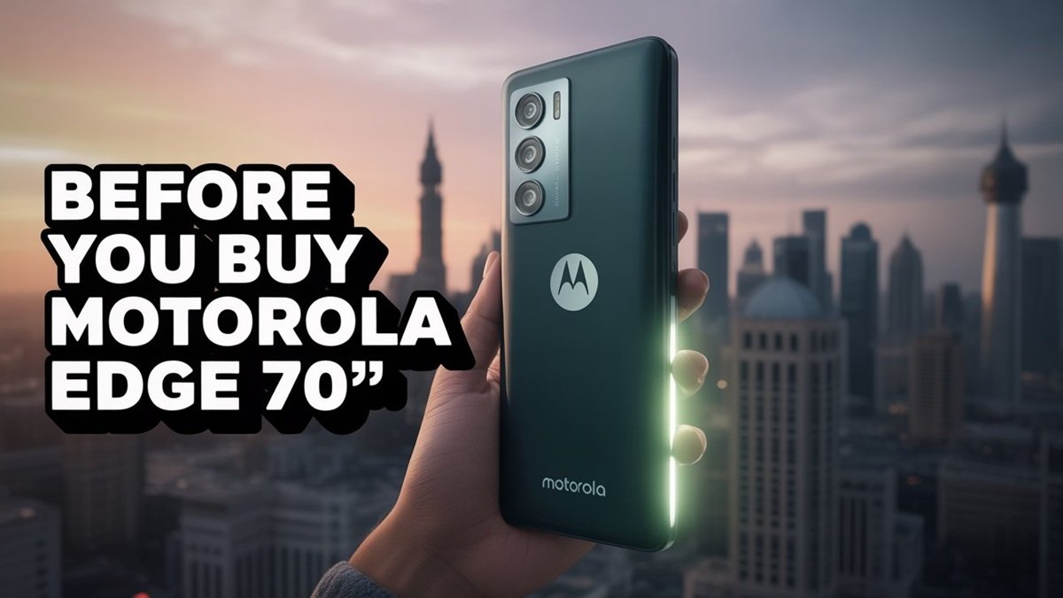 Motorola Edge 70 smartphone showing slim design with price and battery performance highlights in Pakistan