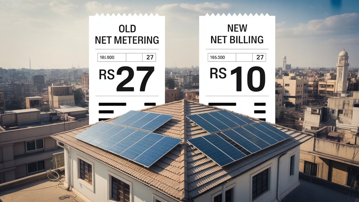 New Net Metering Policy Pakistan 2026 explained showing rooftop solar panels and electricity bill comparison under net billing rules