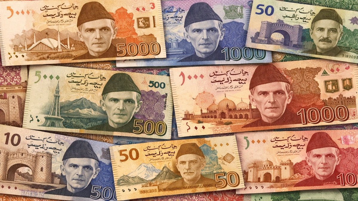 Pakistani currency notes and financial documents
