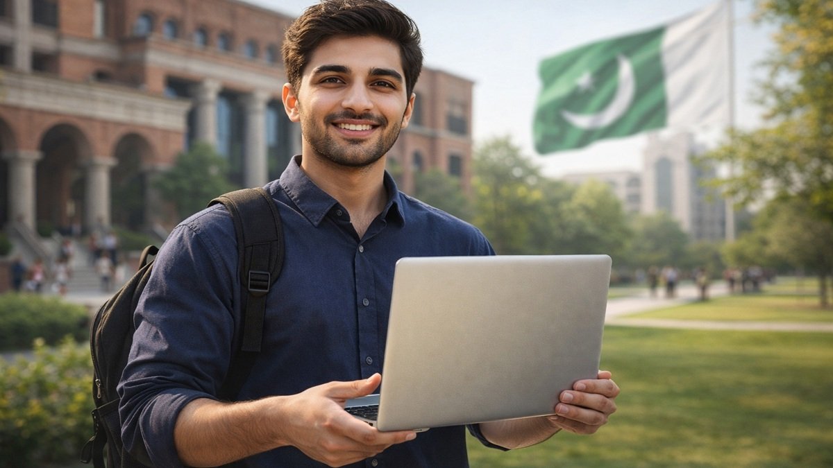 Young Pakistani students studying together with devices