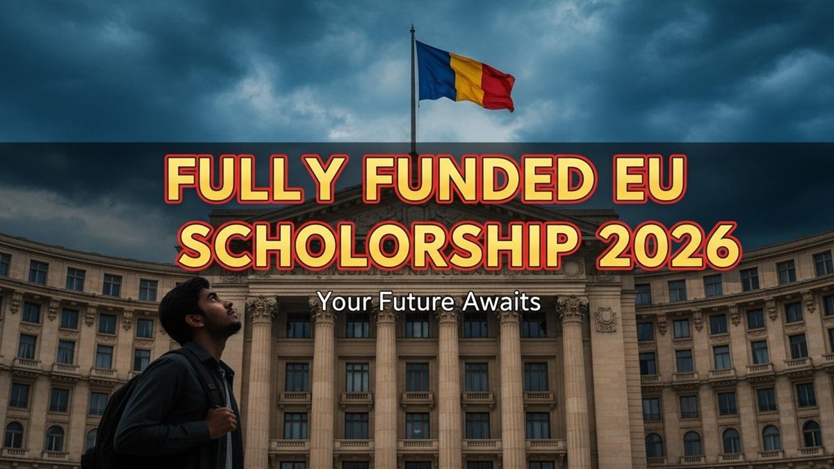 Pakistani student holding admission letter with Romania flag background – Romania Fully Funded Scholarship 2026