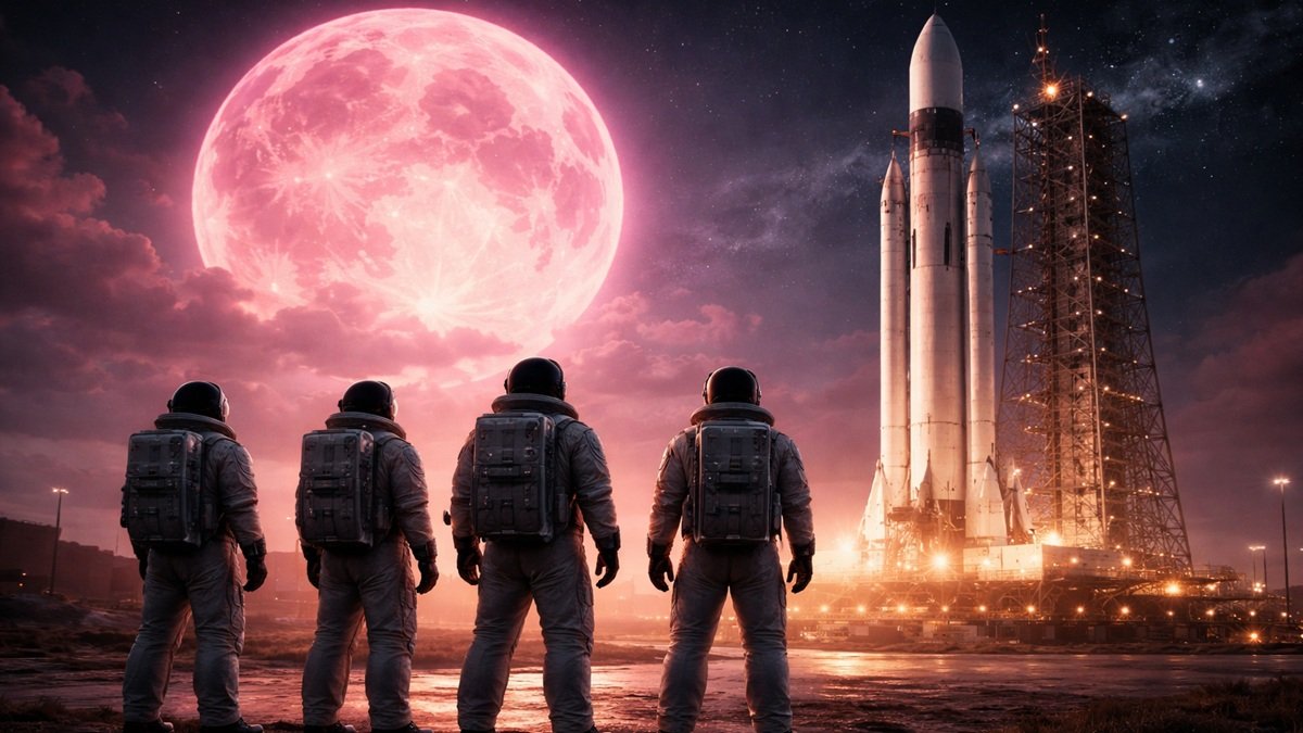 NASA Artemis II rocket launching toward the Moon under Pink Moon with astronauts aboard Orion spacecraft