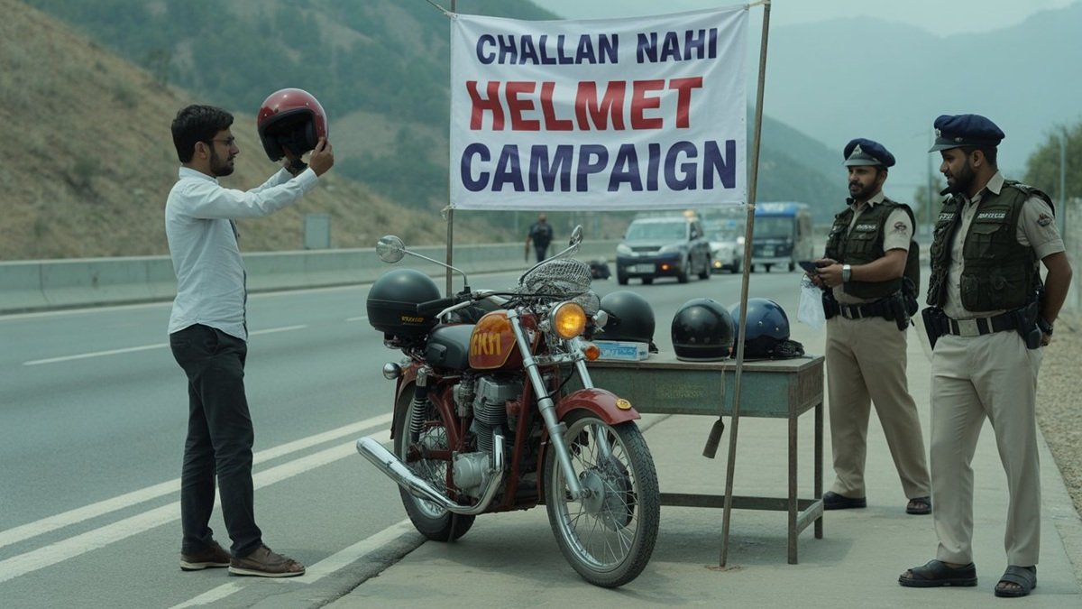 Motorway Police stopping motorcyclist during Challan Nahi Helmet campaign on GT Road Pakistan