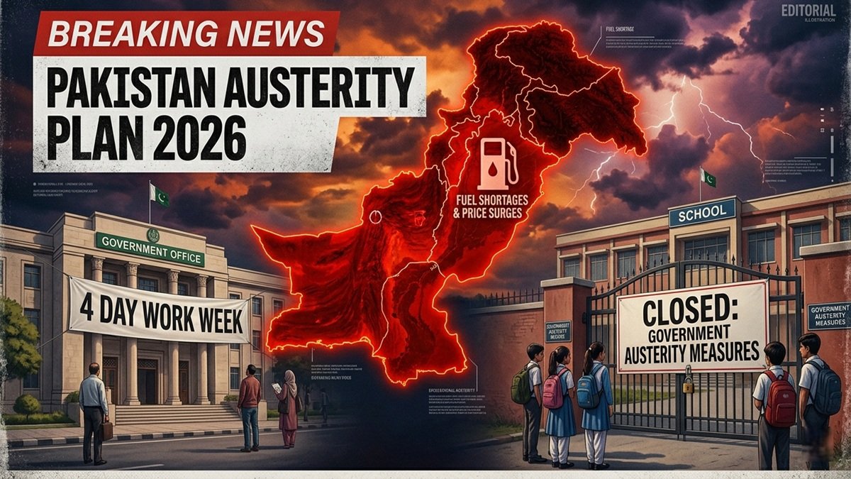 Pakistan austerity plan 2026 illustration showing 4-day work week, school closures and fuel crisis impact