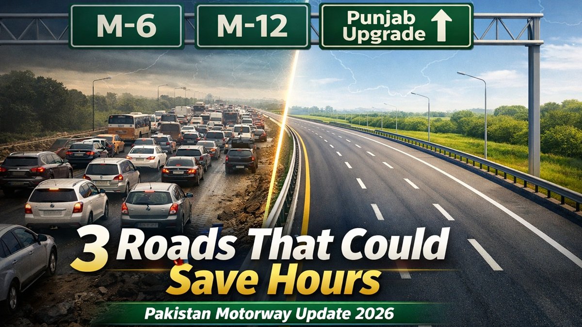 Map-style visual of Pakistan’s 2026 motorway projects showing M-6 Sukkur–Hyderabad, M-12 Sialkot–Kharian and Punjab road upgrades that could reduce travel time