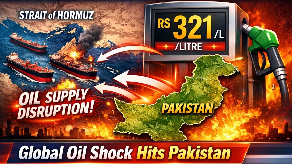 Pakistan petrol price board showing Rs 321 per litre after record fuel price hike during global oil crisis.