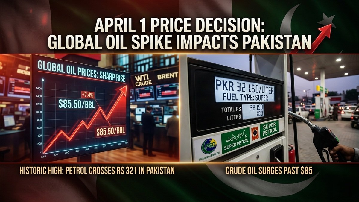 Pakistan petrol price April 1 2026 update showing fuel pump meter rising with worried public and oil price graph