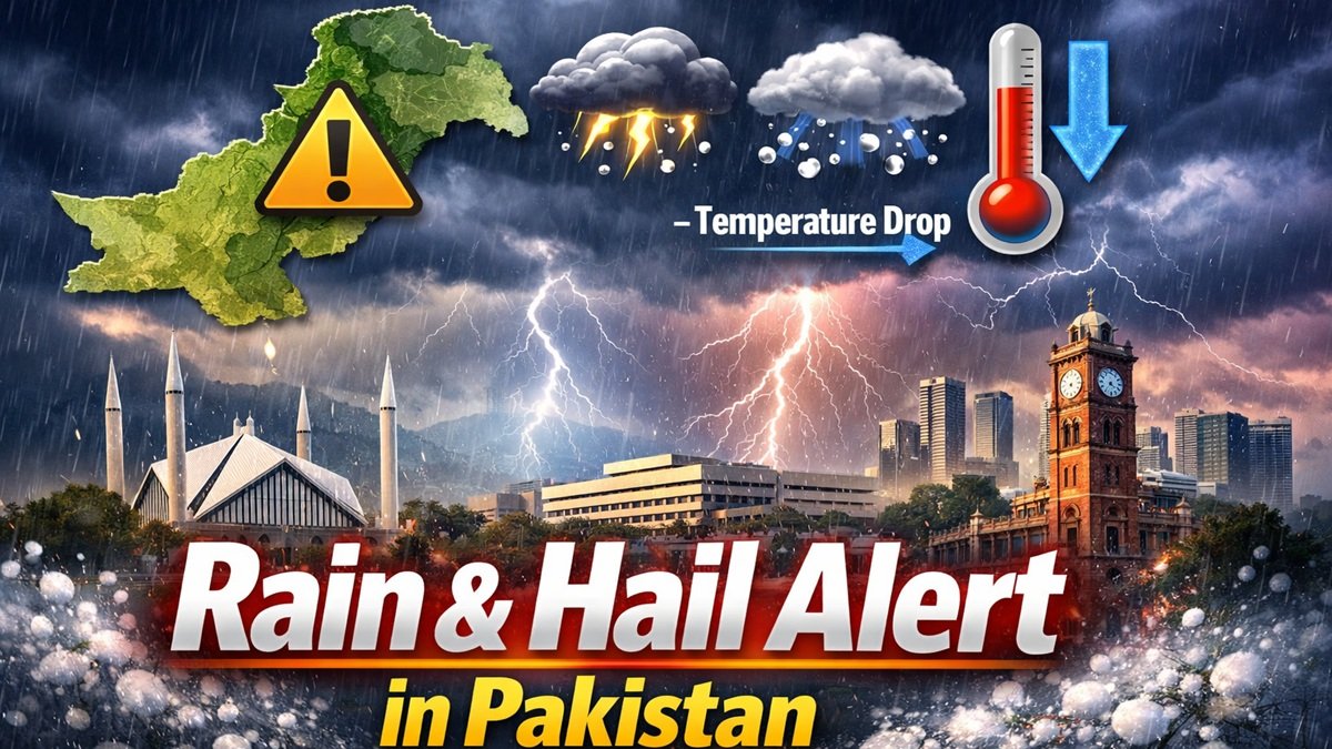Pakistan weather alert showing rain clouds and lightning over Lahore Islamabad skyline during March 2026 storm forecast