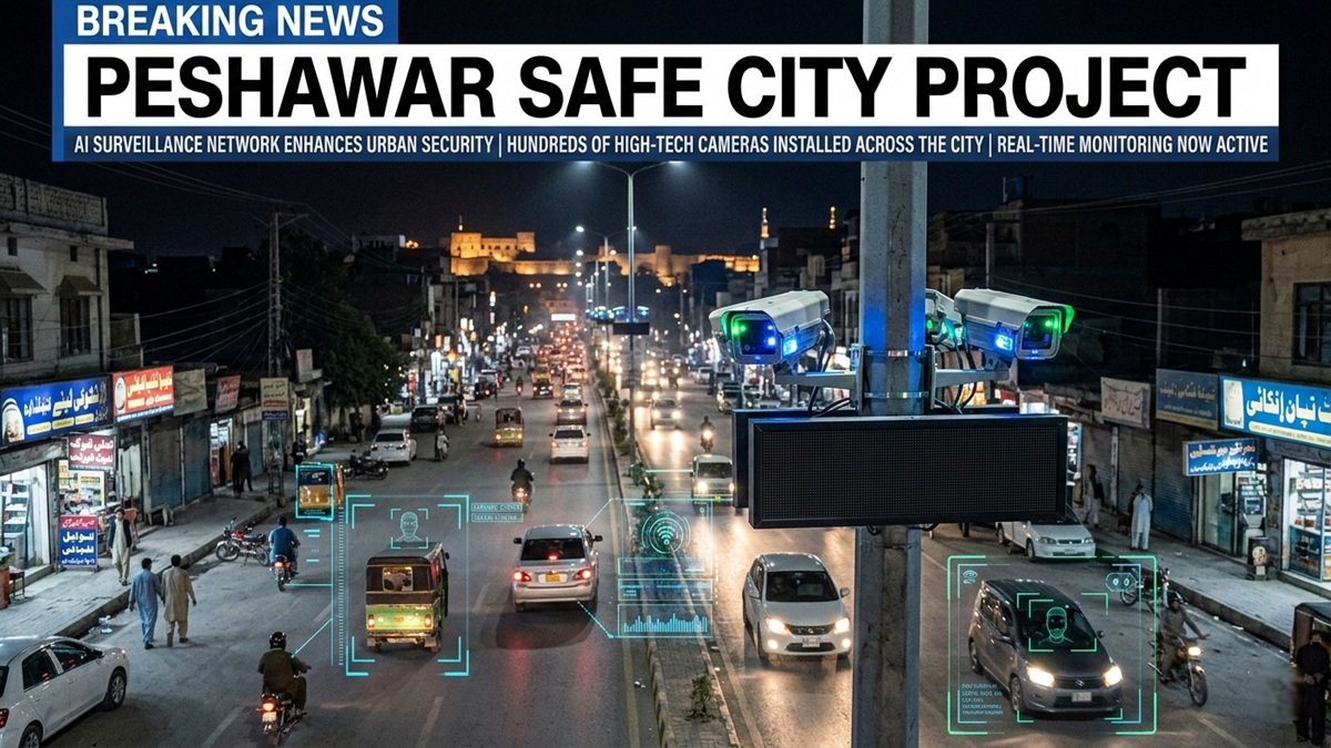 AI powered surveillance cameras installed under the Peshawar Safe City Project monitoring traffic and public areas in Peshawar.