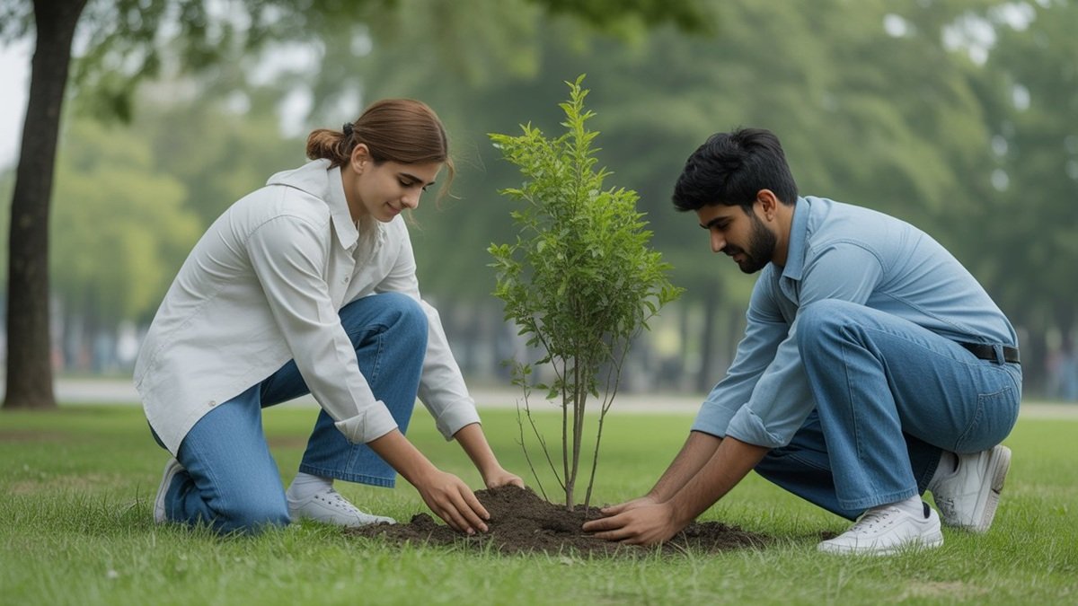 Young interns collecting environmental data and conducting community awareness in Pakistan