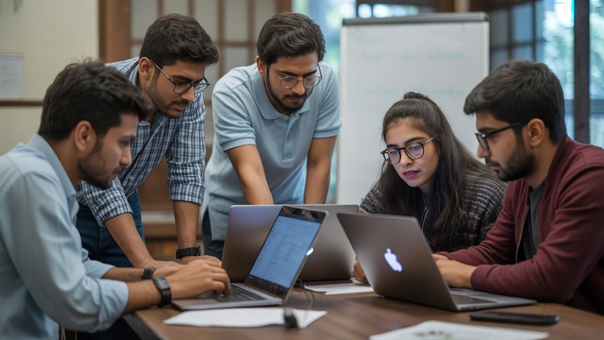 Pakistani student using laptop for AI Seekho 2026 program with coding interface on screen