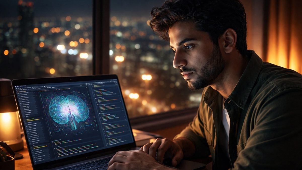 Young Pakistani students learning AI on laptops