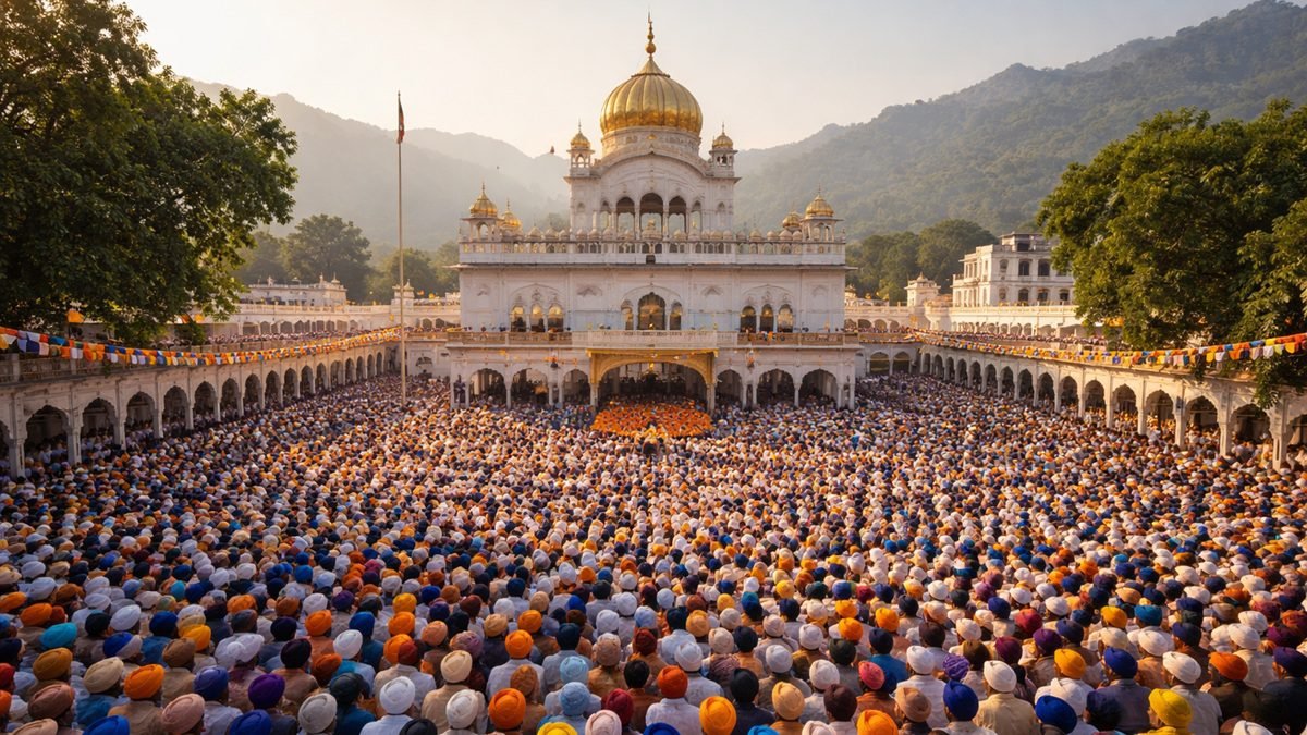 Sikh pilgrims gathering at a gurdwara for religious ceremony