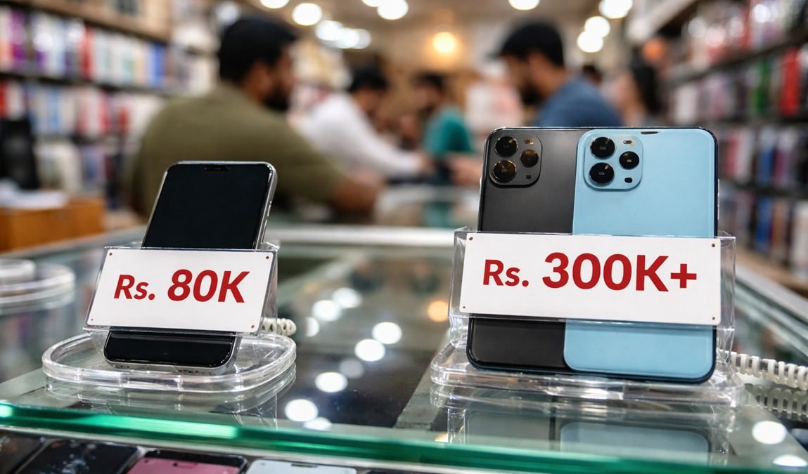 Comparison of mid-range and flagship smartphones in Pakistan 2026 showing price and feature differences