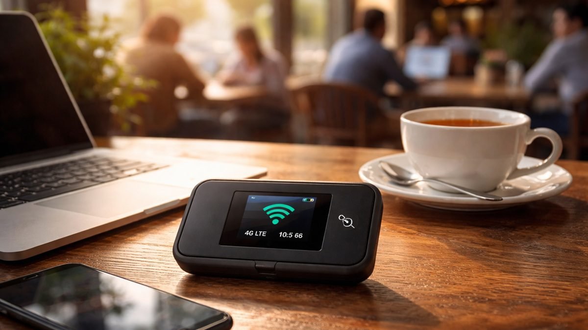 Person using portable WiFi device in Pakistan with multiple devices connected during power outage