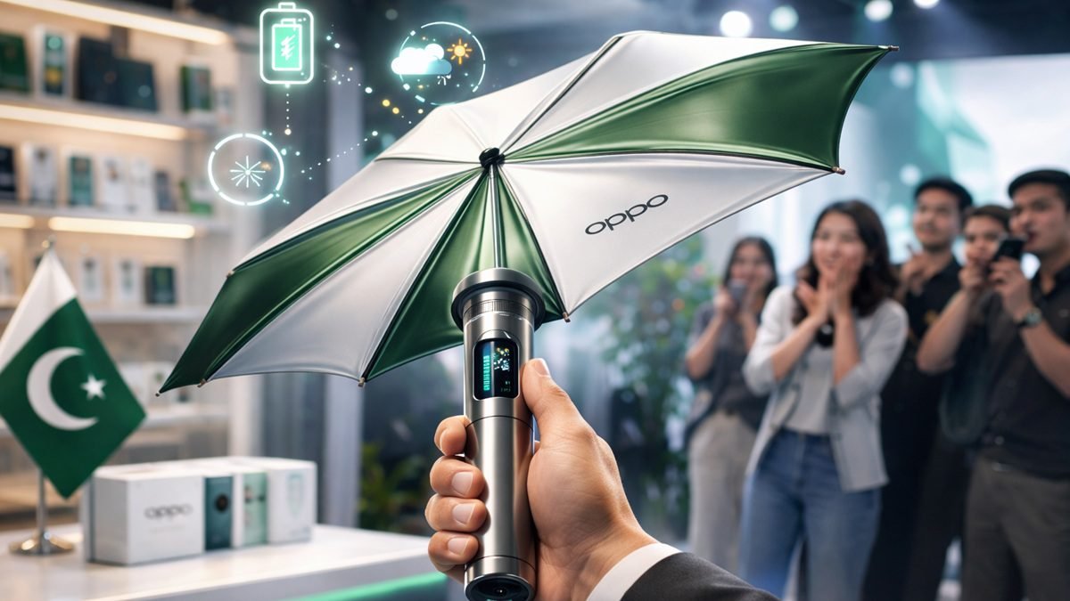 A fake OPPO-branded umbrella shown in Pakistan as part of a counterfeit promotional product warning for consumers