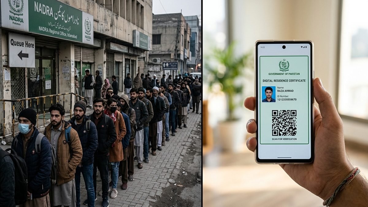 Students waiting outside HEC office contrasted with digital attestation concept on mobile screen