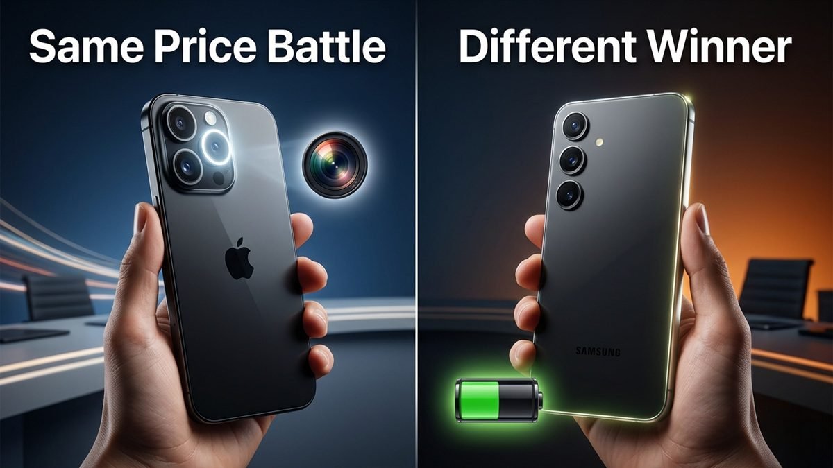 Apple iPhone 17 and Samsung Galaxy S25 shown side by side in a real-world flagship phone comparison